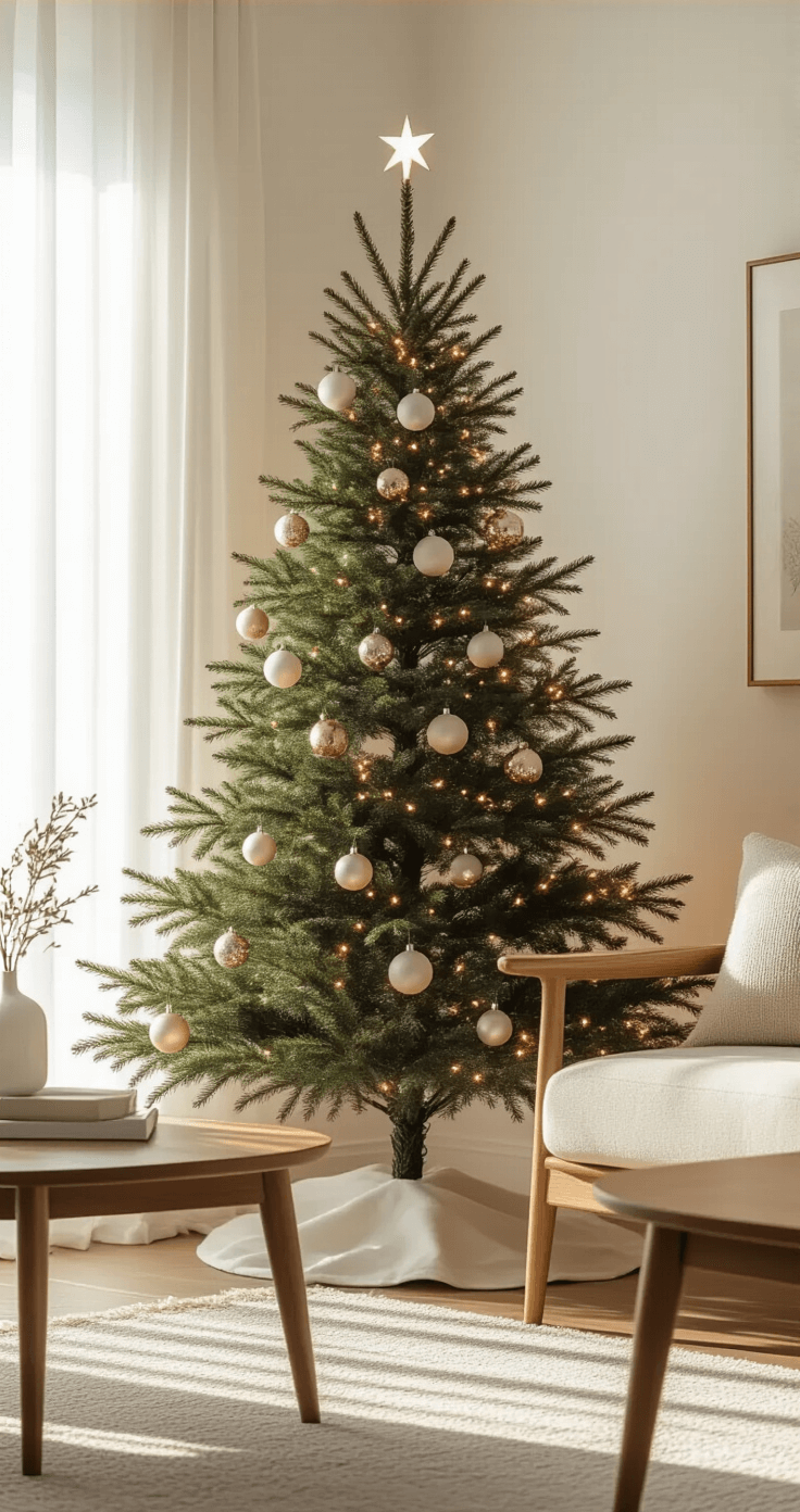 Creating a Magical Minimalist Christmas Tree: Your Ultimate Guide to Simple, Stunning Holiday Decor A serene living room corner with a 6-foot slim minimalist Christmas tree against warm white walls, adorned with warm white LED lights and clear glass and metallic ornaments. Natural wood furniture and a mid-century modern side table surround the tree, while late afternoon sunlight filters through sheer curtains, creating soft shadows.