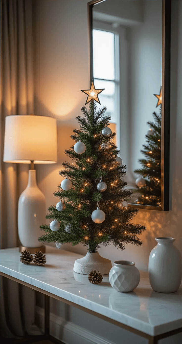 Creating a Magical Minimalist Christmas Tree: Your Ultimate Guide to Simple, Stunning Holiday Decor A cozy urban apartment interior featuring a small minimalist Christmas tree atop a white marble console, illuminated by warm LED lights and a nearby lamp, with sparse silver and white ornaments, contemporary ceramic vessels, and pinecones, all captured from a low angle in soft focus.