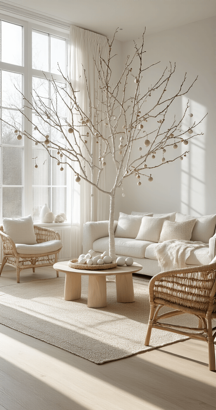 Creating a Magical Minimalist Christmas Tree: Your Ultimate Guide to Simple, Stunning Holiday Decor Spacious Scandinavian-style living room featuring an 8-foot minimalist tree decorated in neutral whites and natural elements, with floor-to-ceiling windows casting morning light and dramatic shadows on light oak flooring, complemented by a cream boucle sofa and woven rattan accent chair.