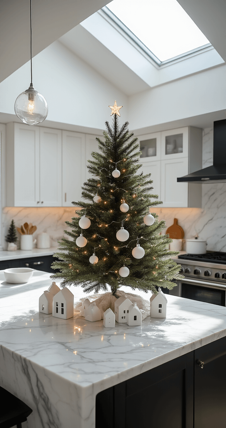 Creating a Magical Minimalist Christmas Tree: Your Ultimate Guide to Simple, Stunning Holiday Decor Modern kitchen corner featuring a 4-foot tabletop tree on a marble island, adorned with minimalist white ceramic ornaments and micro LED lights, surrounded by matte black kitchenware and white marble surfaces, with subtle holiday decor including white ceramic houses and silver candlesticks, illuminated by morning light from skylights.