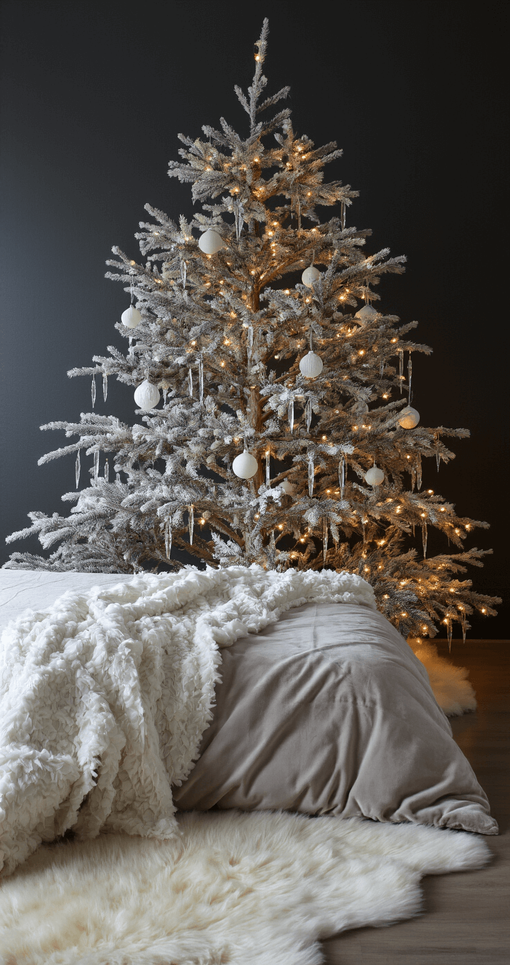 Creating a Magical Minimalist Christmas Tree: Your Ultimate Guide to Simple, Stunning Holiday Decor A cozy bedroom with a 6-foot minimalist flocked tree adorned with white paper ornaments and crystal icicles against dark charcoal walls, illuminated by warm white lights in a dusky atmosphere, featuring plush velvet bedding and a sheepskin rug for added texture.