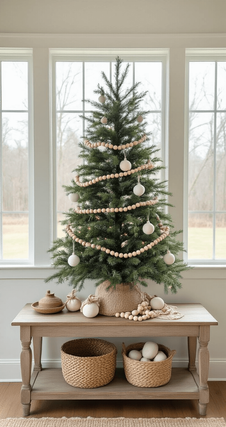 Creating a Magical Minimalist Christmas Tree: Your Ultimate Guide to Simple, Stunning Holiday Decor Entryway featuring a 7-foot slim Christmas tree decorated with white handmade salt dough ornaments and wooden bead garland, set in a modern farmhouse with natural light from transom windows. A vintage console table and woven basket enhance the rustic feel, while the tree is styled asymmetrically for an inviting atmosphere.