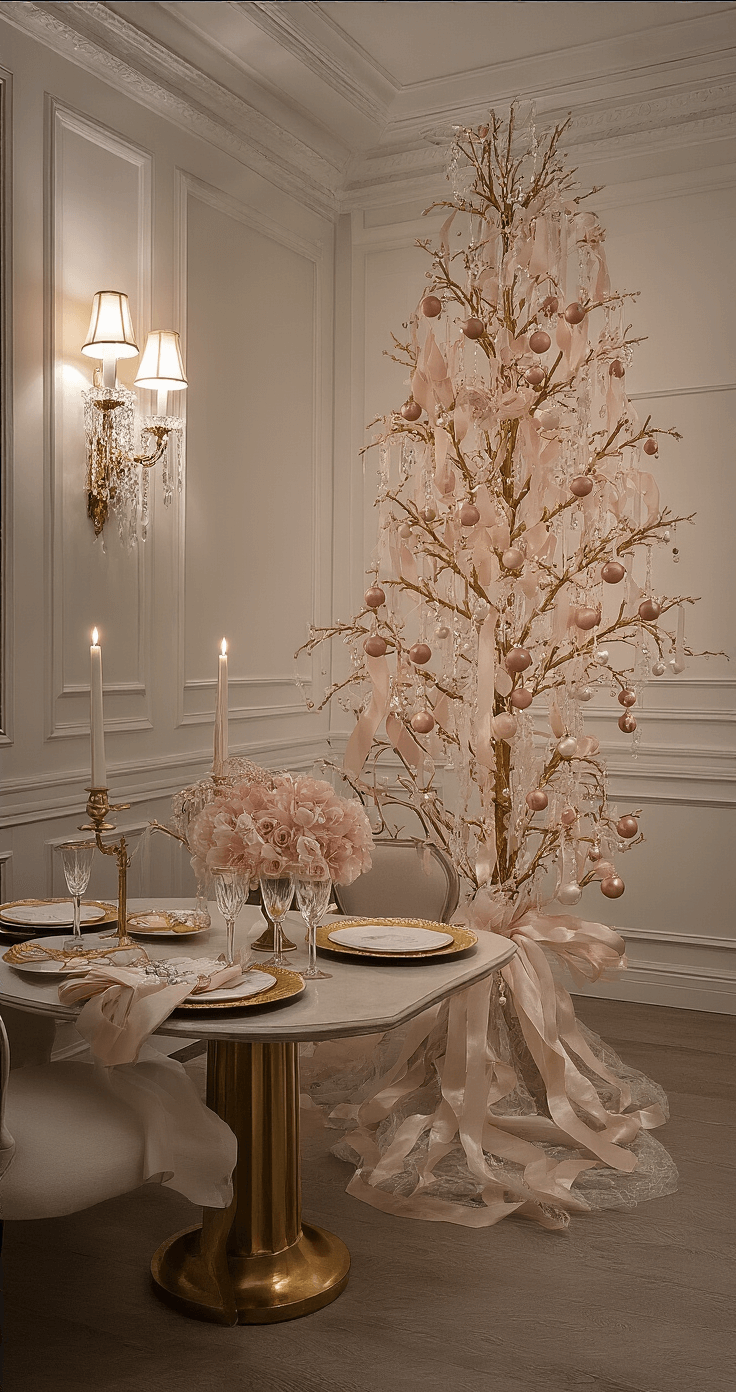 Champagne Christmas Tree: The Ultimate Guide to Glamorous Holiday Decor Intimate dining room featuring wainscoting and a coffered ceiling, with dusk lighting illuminating a 6ft champagne tree on a brass pedestal. The elegantly set table includes gold chargers and champagne flutes, surrounded by blush pink and pearl ornaments.