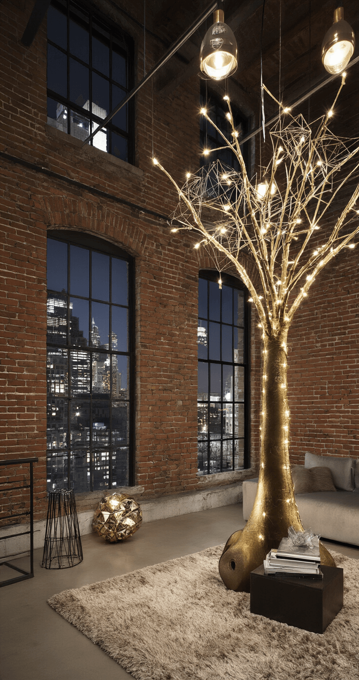 Champagne Christmas Tree: The Ultimate Guide to Glamorous Holiday Decor A stylish urban loft featuring 25ft exposed brick walls and industrial windows showcasing nighttime city lights. A striking 10ft champagne bottle tree installation with LED uplighting casts dramatic shadows, surrounded by mixed metallic ornaments and geometric wire elements. Plush area rug contrasts with concrete floors, while industrial pendant lights hang above. The shot is taken from the mezzanine level, highlighting the metropolitan chic atmosphere.