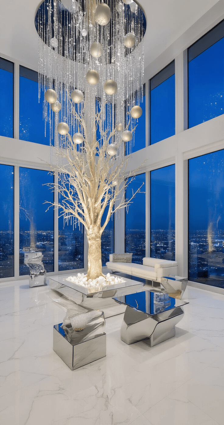 Champagne Christmas Tree: The Ultimate Guide to Glamorous Holiday Decor Luxury penthouse great room at twilight, featuring a panoramic city view, a 12ft champagne tree adorned with oversized metallic ornaments and crystal garlands, white marble floors, chrome and glass furniture, and dramatic up-lighting creating shadows on the ceiling.