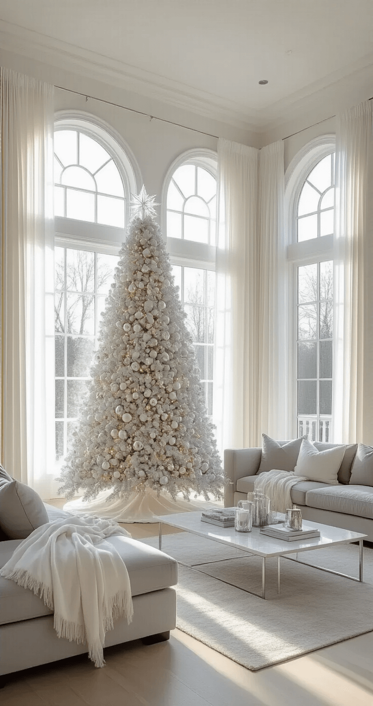 A spacious elegant living room decorated for Christmas, featuring a large white Christmas tree in a bay window, modern grey sectional, marble coffee table, and soft golden light streaming through sheer curtains, creating a serene atmosphere with cool whites and silver tones.