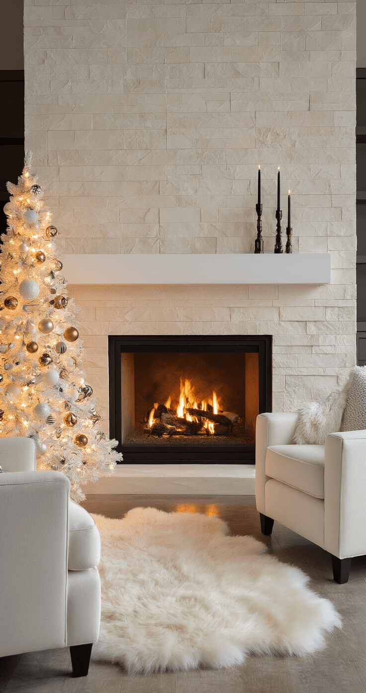 Cozy modern family room with a contemporary limestone fireplace, floating white mantel, and a decorated 7ft white Christmas tree, surrounded by plush cream armchairs and a sheepskin rug, bathed in warm firelight and LED tree lights.