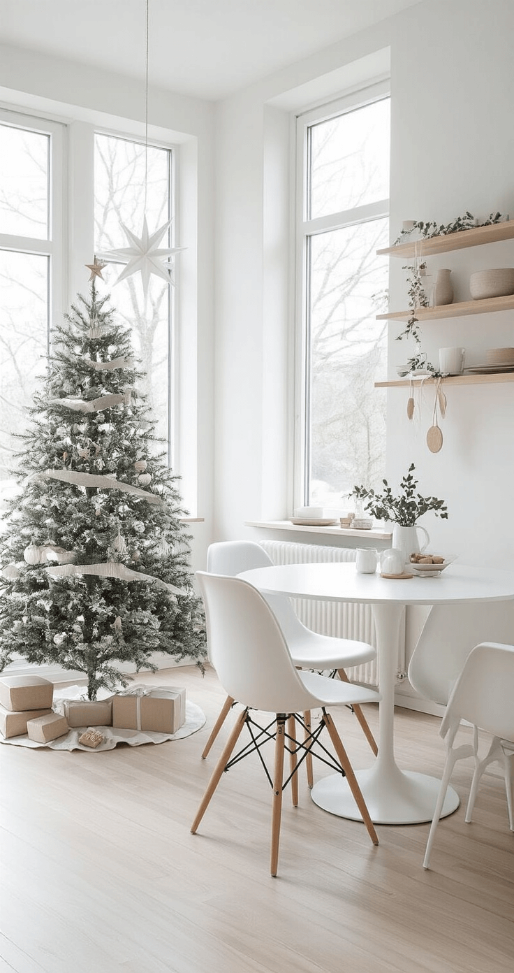 A minimalist Nordic Christmas corner featuring a bright breakfast nook with floor-to-ceiling windows, a slim white tree adorned with wooden ornaments and linen ribbons, and a white Eames-style dining set, all bathed in mid-morning natural light.