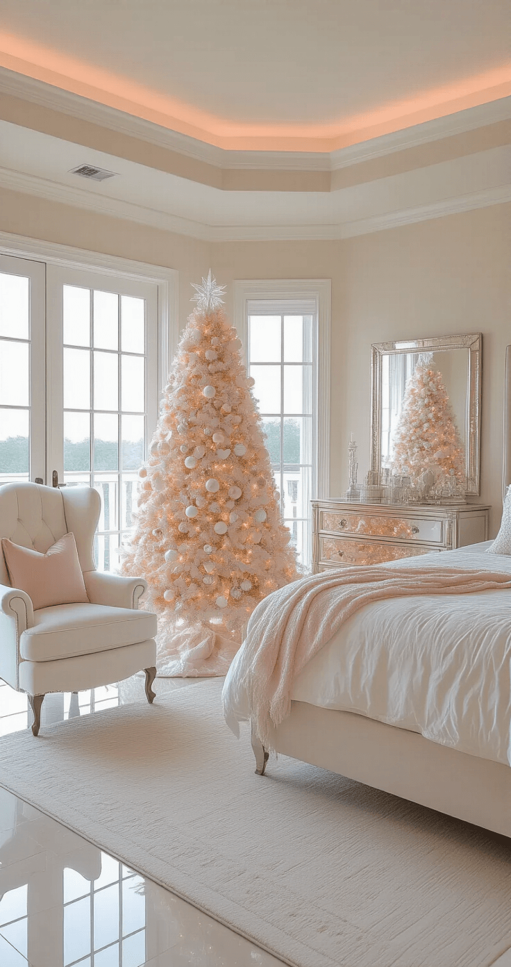 Luxe master bedroom holiday scene featuring a spacious suite with tray ceiling and French doors, illuminated by soft dawn light. A decorated white Christmas tree stands between a velvet wingback chair and a mirrored dresser, complemented by an ivory upholstered bed with metallic accents. The camera captures an eye-level reflection, enhancing the ethereal morning atmosphere with pastel highlights.