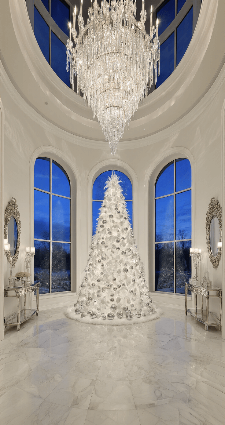 Opulent grand foyer with a double-height entry, featuring a curved staircase and crystal chandelier, adorned with a slim white tree decorated in silver and feather accents, captured in dramatic dusk lighting from an upper landing.