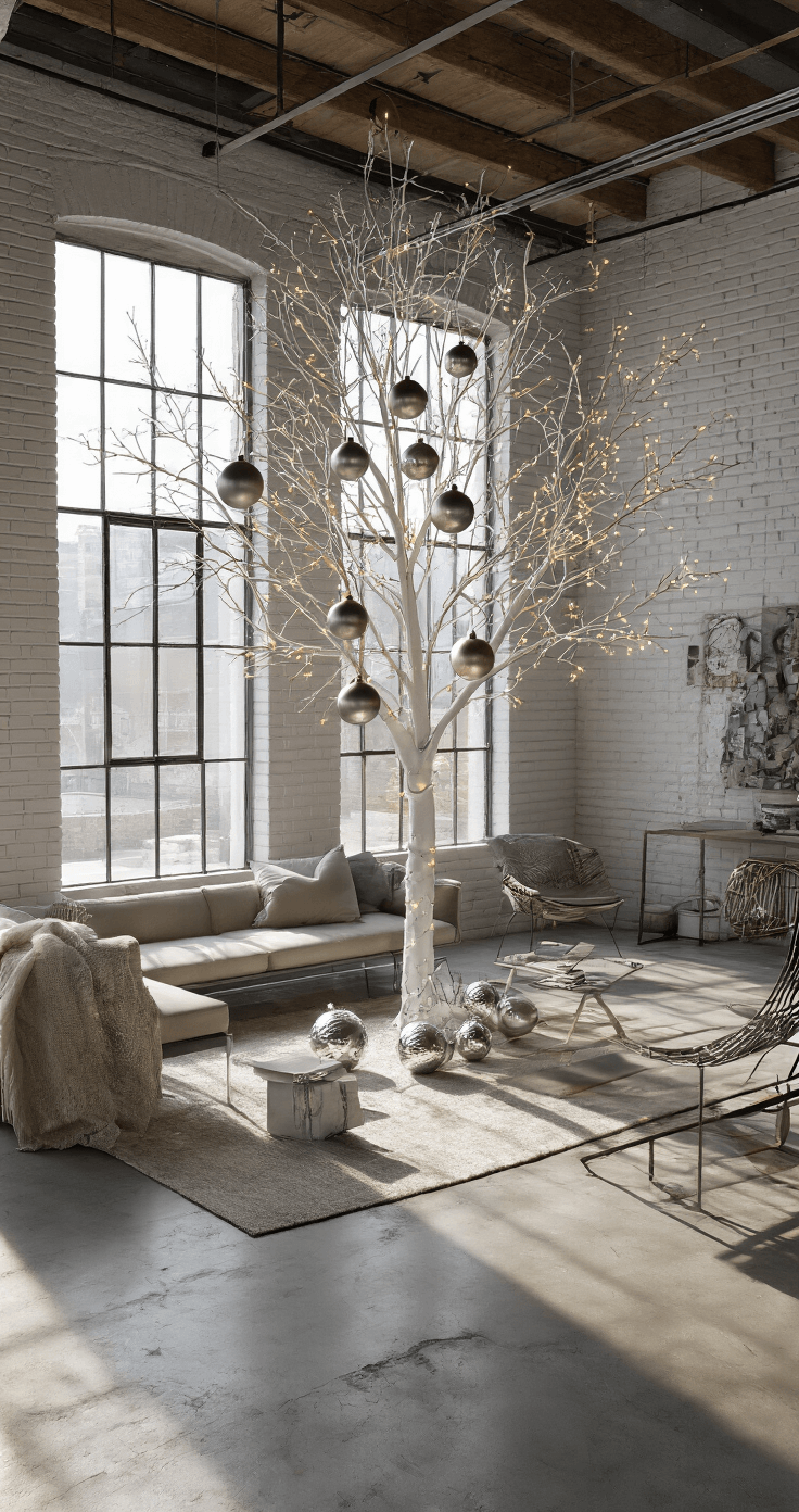 Aerial view of a contemporary loft-style great room featuring a white decorated tree, large industrial windows, concrete floors, white brick walls, and mixed metal furniture, all illuminated by natural and strategic lighting.