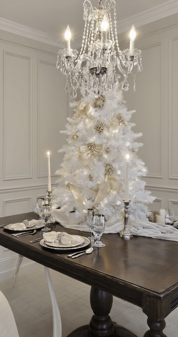A vintage glam dining room with wainscoting, a crystal chandelier, and an evening candlelight setting, featuring a 7ft white Christmas tree adorned with antique mercury glass, pearl strands, and ivory satin bows, complemented by a dark wood table set with silver chargers and white tapers, all depicted from a low perspective with moody lighting and chandelier sparkle.