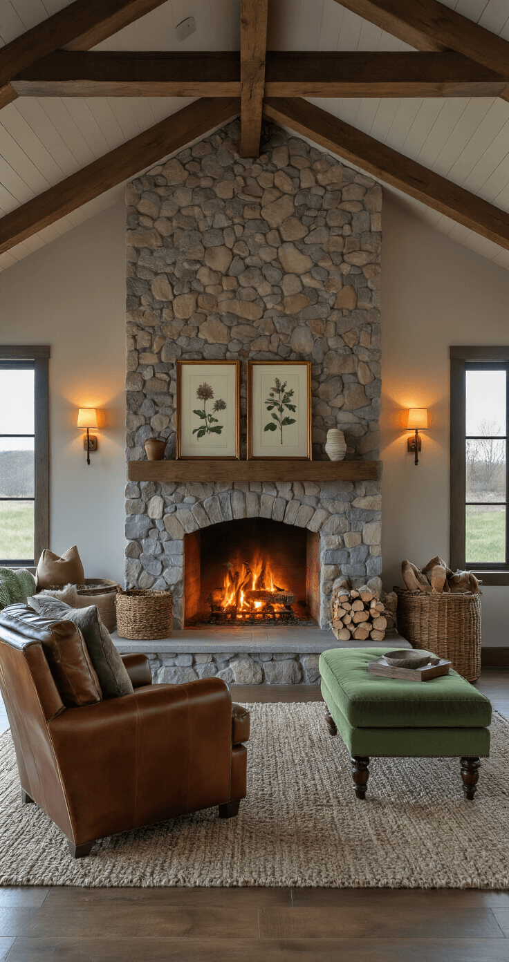 Fall Living Room Decor: Transform Your Space into a Cozy Autumn Sanctuary Modern farmhouse living space at dusk featuring a dramatic stone fireplace with glowing embers and stacked firewood. A cognac brown leather armchair is paired with a sage green velvet ottoman, surrounded by a gallery wall of vintage botanical prints in brass frames. Textural layers of wool throws, woven baskets, and earth-toned hand-thrown pottery add warmth. The low-angle shot captures the ceiling height and moody lighting, enhanced by fire glow and dimmed sconces.