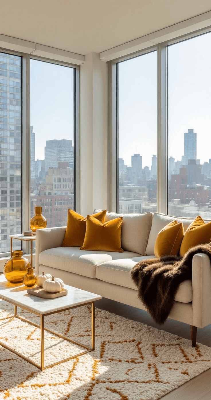 Fall Living Room Decor: Transform Your Space into a Cozy Autumn Sanctuary A compact urban living room featuring floor-to-ceiling windows with city views, a mid-century modern oatmeal linen sofa adorned with mustard yellow velvet pillows and a chocolate brown faux fur throw, brass and marble side tables with amber glass vessels and mini white pumpkins, and a geometric wool rug in cream and terracotta, all bathed in soft morning light.
