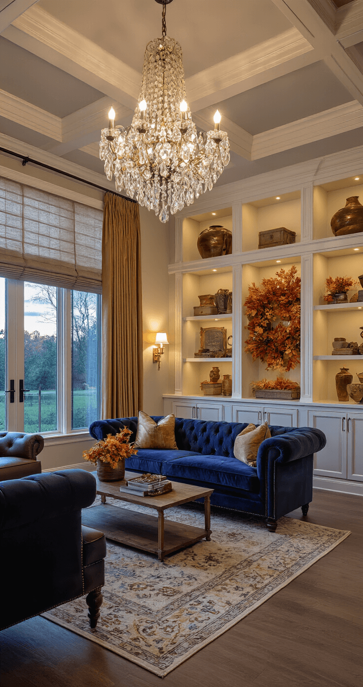 Fall Living Room Decor: Transform Your Space into a Cozy Autumn Sanctuary A twilight view of a transitional living space featuring a coffered ceiling with a crystal chandelier, a tufted navy velvet sofa, vintage leather chairs, styled built-ins with copper accents and artisan ceramics, and layered golden-toned window treatments, all illuminated by ambient lighting to highlight architectural details.