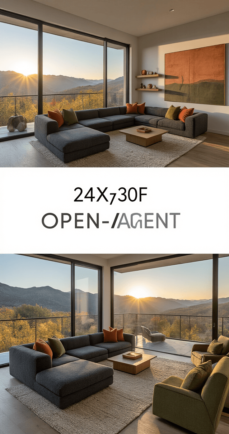 Fall Living Room Decor: Transform Your Space into a Cozy Autumn Sanctuary Contemporary open-concept living area featuring double-height windows with mountain views, a modular sectional in charcoal bouclé with terra cotta and olive green pillows, floating shelves with minimalist fall décor, and oversized abstract art in autumn colors, all illuminated by golden hour lighting.