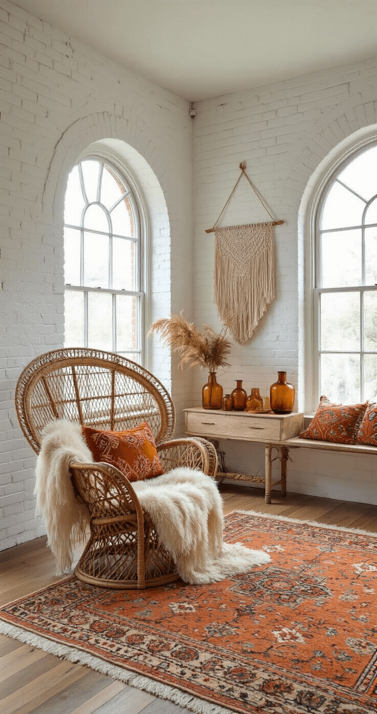 Fall Living Room Decor: Transform Your Space into a Cozy Autumn Sanctuary A bright and airy bohemian living room featuring an exposed white brick wall, arched doorways, and natural light flooding in. A vintage Moroccan rug is layered over seagrass, complemented by a rattan peacock chair adorned with a sheepskin throw and embroidered pillows in warm rust and marigold tones. A macramé wall hanging is above a console styled with dried botanicals and an amber glass collection.