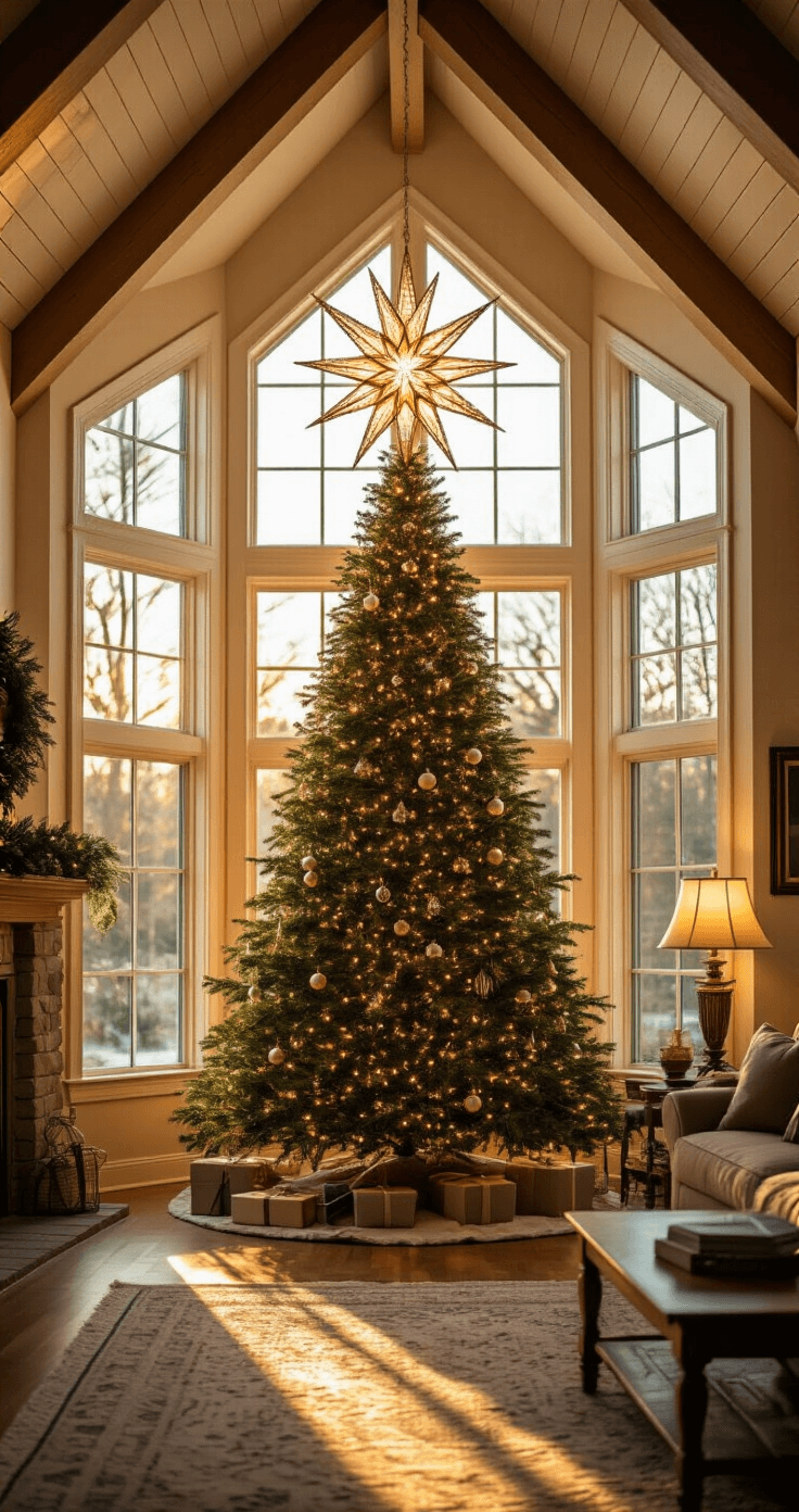 Christmas Tree Toppers: The Ultimate Guide to Crowning Your Holiday Decor A cozy living room with a 20x24ft layout featuring a 12ft cathedral ceiling, showcasing a prominently placed 9ft Noble Fir Christmas tree in a bay window. The tree is topped with an oversized illuminated crystal star, and golden hour sunlight filters through the window, creating warm shadows. The image is taken from a low angle at a 30-degree tilt, highlighting the star's grandeur, with warm LED lights on the tree and a nearby lamp adding to the ambiance, set against a color palette of emerald green, warm gold, and crystal clear accents.