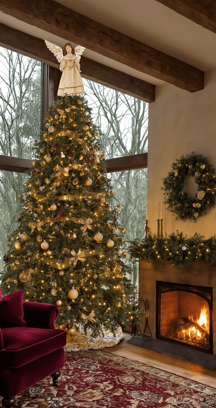 Christmas Tree Toppers: The Ultimate Guide to Crowning Your Holiday Decor Cozy traditional den featuring a 7.5ft Fraser Fir tree adorned with vintage ornaments and topped with a porcelain angel, illuminated by tree lights and a crackling fireplace, with exposed wooden beams and a velvet armchair nearby.