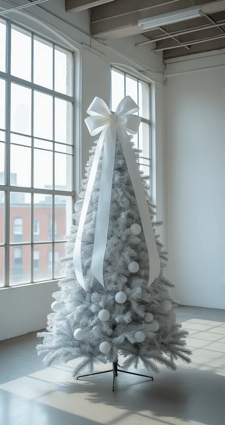 Christmas Tree Toppers: The Ultimate Guide to Crowning Your Holiday Decor A modern minimalist loft with industrial windows, featuring concrete floors and metal accents. The space is illuminated by midday light, highlighting an 8ft artificial tree adorned with a white bow topper and cascading ribbons, all set against a cool color palette of winter white, silver, and pale blue. The camera angle captures geometric patterns from above.