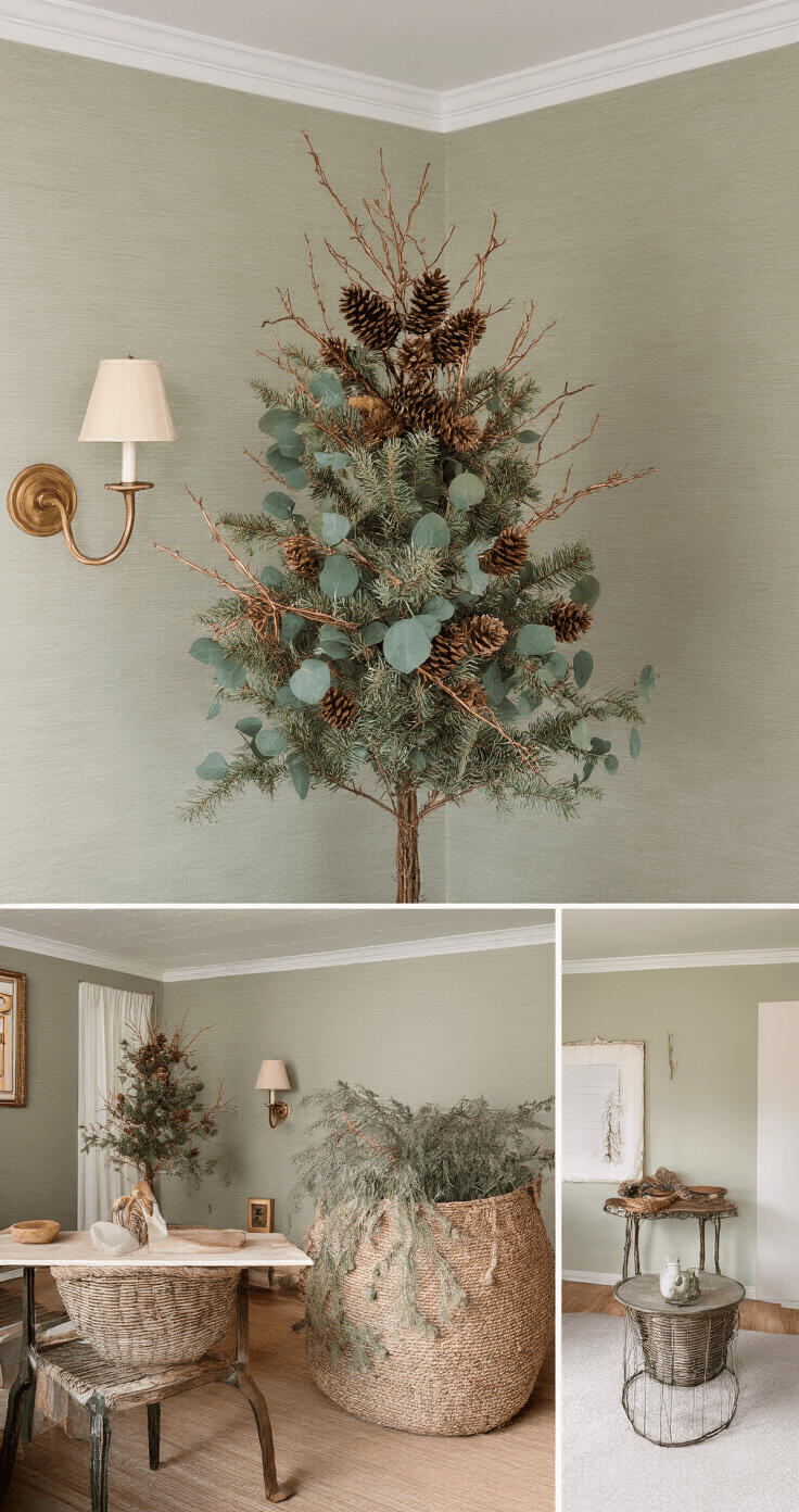 Christmas Tree Toppers: The Ultimate Guide to Crowning Your Holiday Decor Cozy family room with dusk lighting showcasing a decorated Christmas tree with a natural topper, surrounded by earth-tone furnishings and vintage brass accents against textured wallpaper.