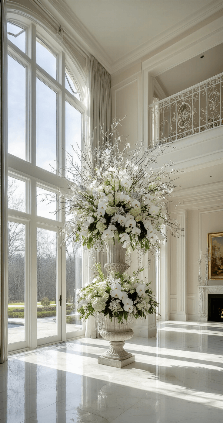 Christmas Tree Toppers: The Ultimate Guide to Crowning Your Holiday Decor A luxurious great room with two-story windows, featuring a 12ft designer tree adorned with white orchids and silver brunia, illuminated by late afternoon light. The marble floors reflect the warm tones, and the unique perspective from the second-floor landing enhances the dramatic atmosphere, showcasing a winter white, silver, pale pink, and deep green color palette.