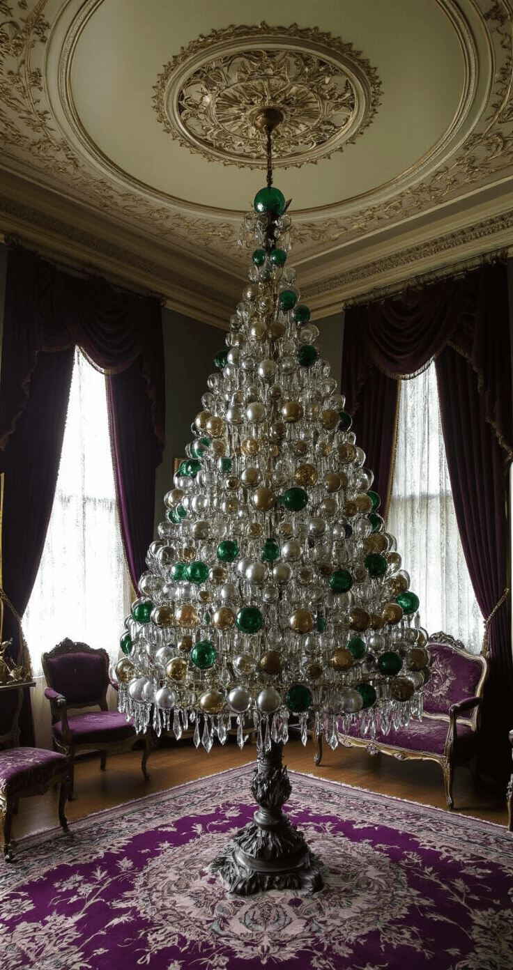 Christmas Tree Toppers: The Ultimate Guide to Crowning Your Holiday Decor A Victorian parlor with ornate ceiling medallions, illuminated by early morning light through lace curtains, featuring an 8ft traditional Christmas tree adorned with vintage mercury glass finials, surrounded by rich jewel tones and framed by period furniture and velvet drapery.