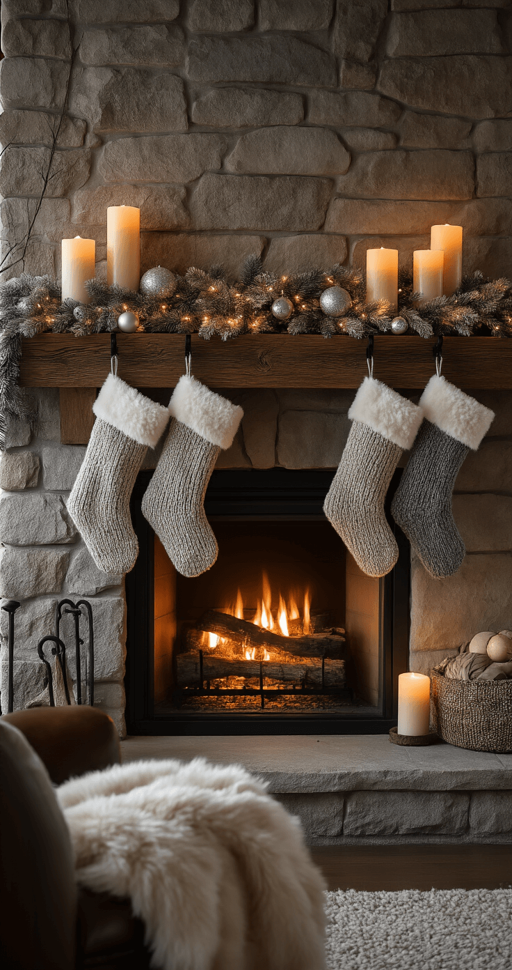 A cozy fireplace scene at dusk featuring a stone hearth, weathered wooden mantel adorned with LED candles, pine garland, and silver ornaments, with oatmeal and gray knit stockings hanging from black iron holders, a faux fur throw draped over a leather chair, all illuminated by warm firelight at a 45-degree angle.
