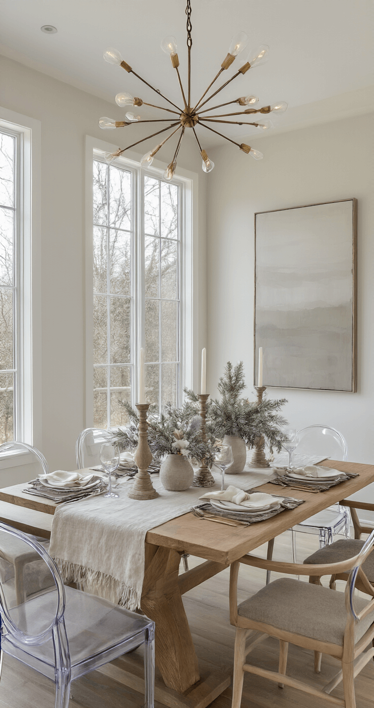 An elegant contemporary dining room featuring a long oak table set with linen runners and frosted pine centerpieces, surrounded by ghost chairs with ivory cushions. The room is illuminated by winter afternoon light and an oversized modern chandelier, with mixed metallic candlesticks of varying heights adorning the table. A large abstract art piece in greige tones hangs on the far wall, captured from a bird's eye view that highlights the table setting pattern.