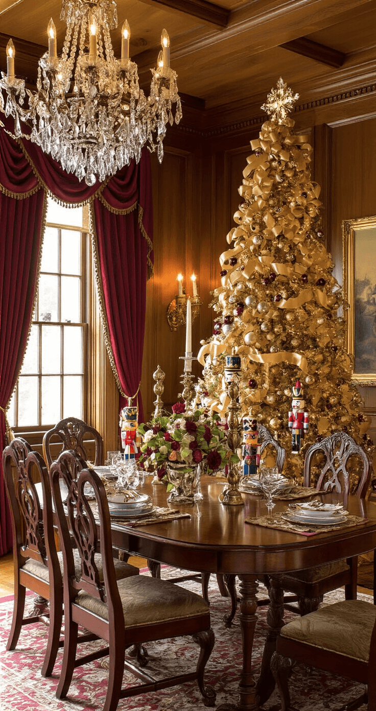 Magical Nutcracker Christmas Tree: Your Ultimate Styling Guide A beautifully styled traditional dining room featuring a decorated Christmas tree with a gold topper and champagne ribbons, under warm evening light from a crystal chandelier, surrounded by rich mahogany furniture, burgundy curtains, and jewel-toned carpets.