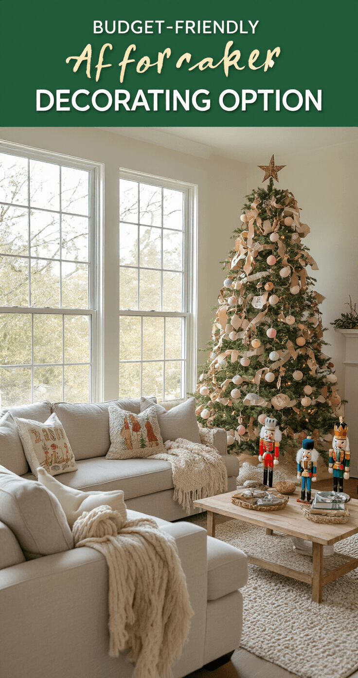 Magical Nutcracker Christmas Tree: Your Ultimate Styling Guide A budget-friendly family room decorated with DIY Nutcracker themes, featuring a 6-foot tree adorned with paper ballerina ornaments, vintage nutcracker pieces, and homemade garland, complemented by a beige sectional sofa, children's artwork, and natural daylight pouring in through large windows.