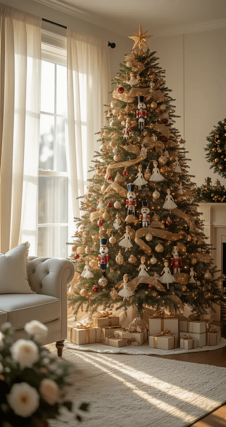 Magical Nutcracker Christmas Tree: Your Ultimate Styling Guide A beautifully decorated living room showcasing a Nutcracker-themed Christmas tree with soldier ornaments, ballerina figures, and jewel-toned baubles, illuminated by golden hour sunlight streaming through gauze curtains, featuring elegant soft gray and white furniture, vintage ballet sheet music, wrapped gifts, and holiday florals, all captured in inviting, natural lighting.