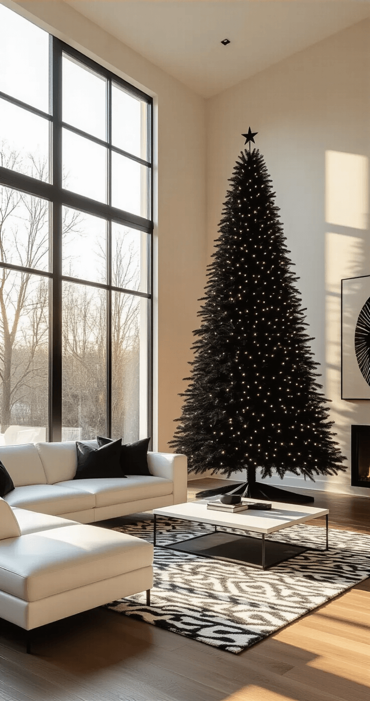 Black and White Christmas Tree: A Modern Holiday Decor Statement Modern living room with 12-foot ceilings and large windows, featuring an 8-foot black Christmas tree with white LED lights, a white leather sectional sofa, a geometric black and white rug, and contemporary monochrome artwork, all illuminated by warm golden hour sunlight.