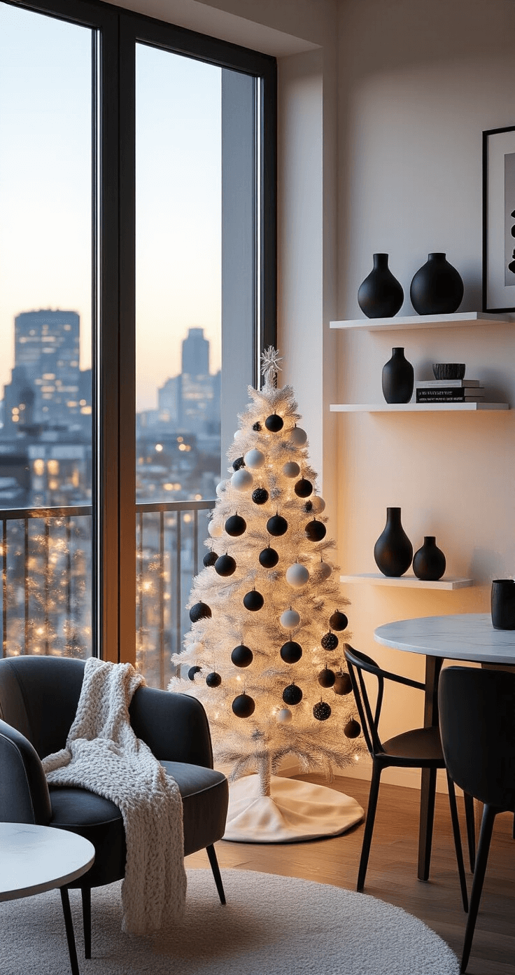 Black and White Christmas Tree: A Modern Holiday Decor Statement Cozy studio apartment in early evening, featuring warm ambient lighting, a compact white pre-lit Christmas tree decorated with black and white baubles on a marble-effect table, a charcoal gray velvet armchair, black-framed white floating shelves, and a small dining area with black metal chairs, with city lights twinkling outside the large window.