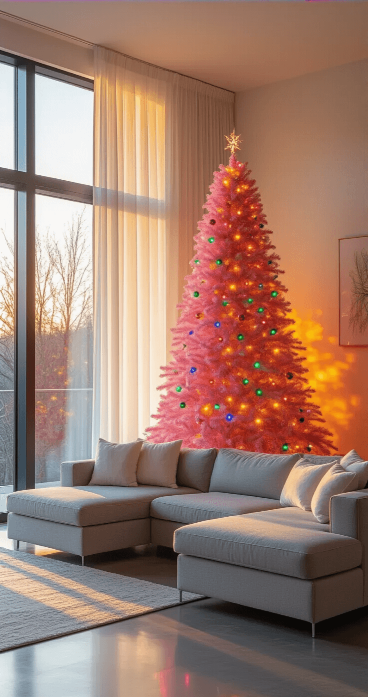 A contemporary living room featuring a 7-foot pink artificial Christmas tree adorned with multicolored LED lights, positioned near floor-to-ceiling windows with warm sunlight streaming through sheer curtains. A modern gray sectional sofa faces the tree, and polished concrete floors reflect the vibrant colors, creating a joyful holiday atmosphere.