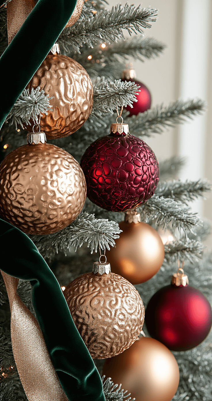 Close-up shot of Christmas tree branches adorned with large, metallic copper, deep burgundy, and champagne gold ornaments, accented by silver garland and forest green velvet ribbon. Soft lighting highlights the contrasting textures of glossy and matte finishes, creating a luxurious, festive atmosphere.