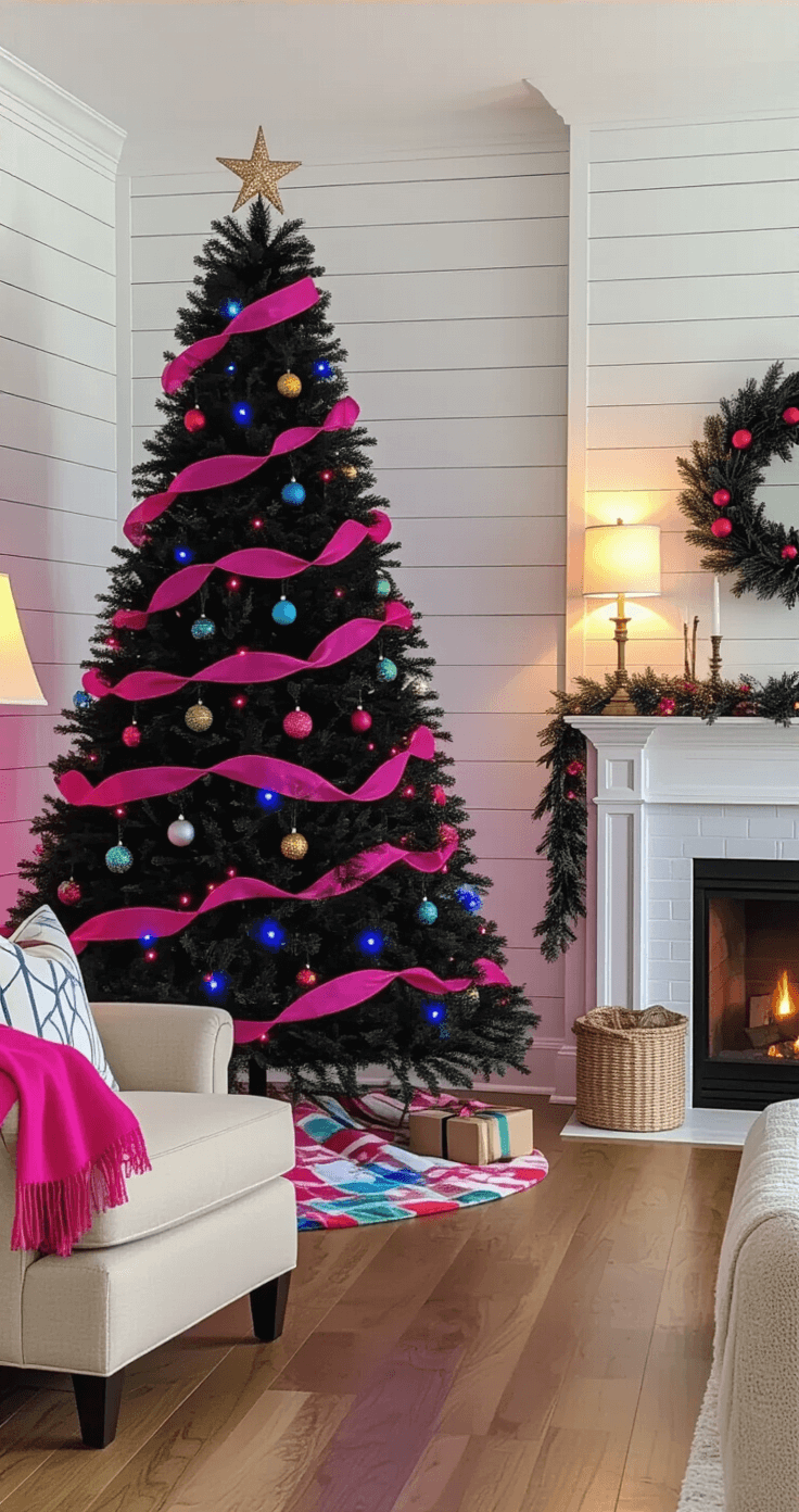 A modern farmhouse living room featuring a dramatic 8-foot black Christmas tree adorned with rainbow ornaments and electric blue lights, set against crisp white shiplap walls. Warm ambient lighting from lamps and a fireplace illuminates neutral beige furniture and colorful throw blankets on honey oak hardwood floors, captured from a low and wide angle.