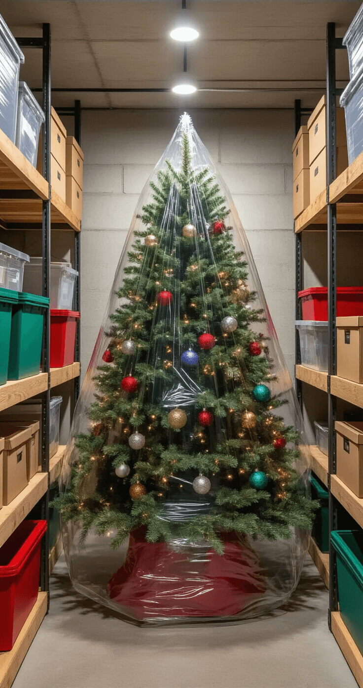 An organized storage room with a colorful Christmas tree in a clear protective bag, illuminated by soft LED lights, featuring light gray concrete walls, built-in wooden shelving with labeled boxes, and industrial metal shelving units.