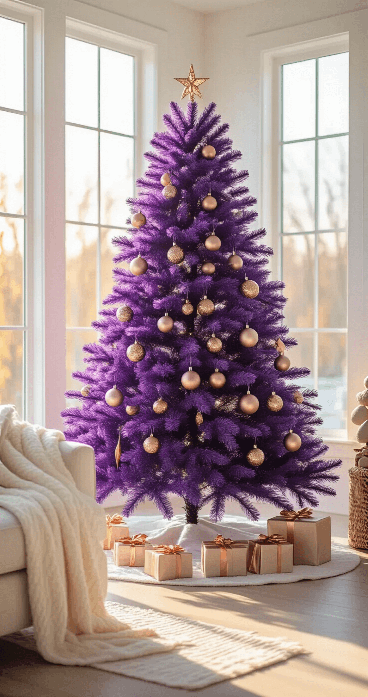 A vibrant purple Christmas tree adorned with rose gold and copper ornaments stands in a bright, airy living room during golden hour, with natural daylight illuminating the scene. The clean backdrop of white walls and light oak floors complements the cozy cream-colored throw blankets nearby, creating a chic and inviting atmosphere ideal for social media photography.