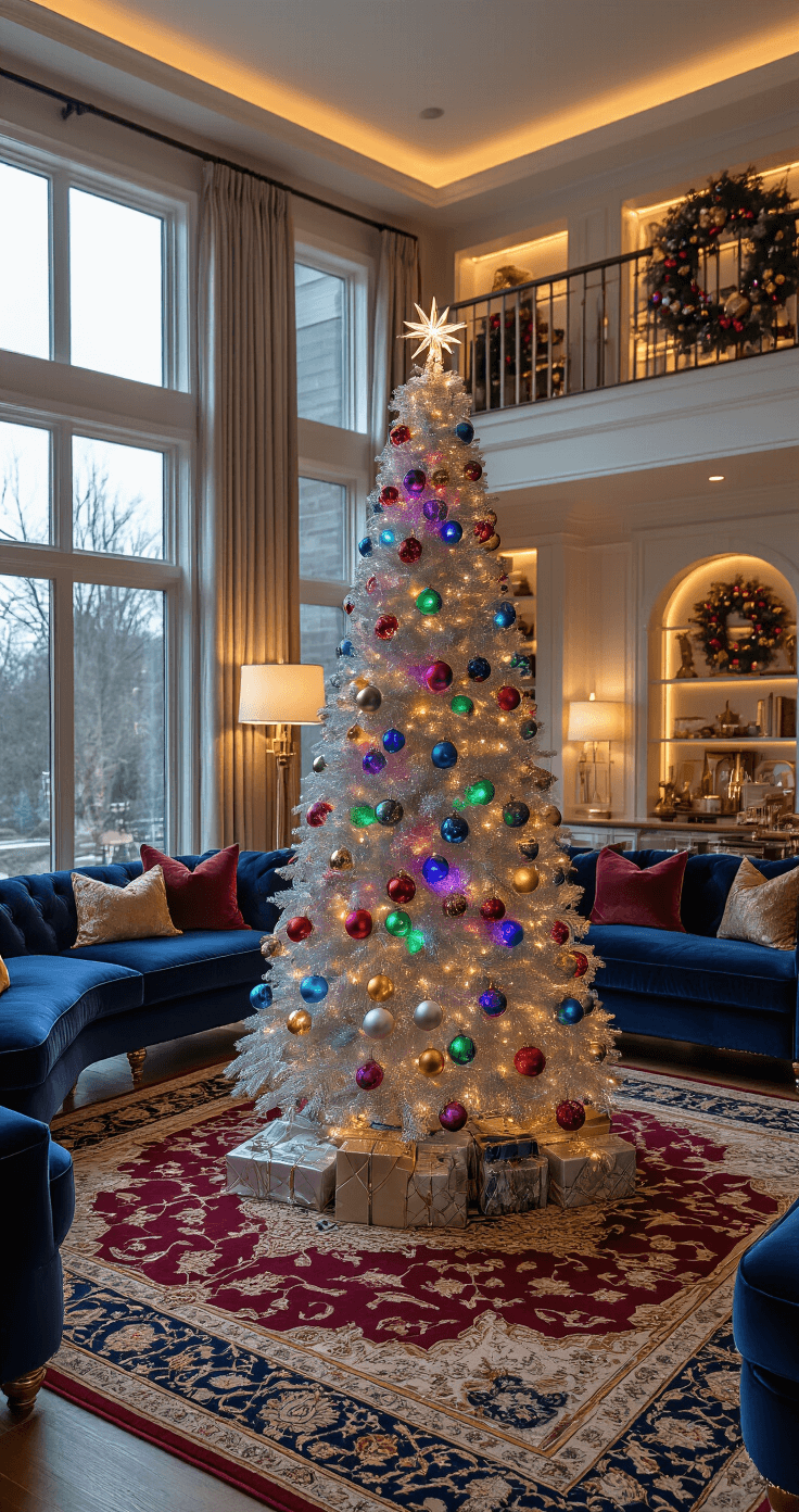 A designer living room featuring a striking 9-foot metallic silver Christmas tree adorned with rainbow LED lights and oversized jewel-tone ornaments, surrounded by luxury navy velvet furniture with brass accents and highlighted by warm lighting. A Persian area rug in deep burgundy and gold anchors the seating area, while floor-to-ceiling built-ins display coordinating holiday decor, creating an opulent and sophisticated atmosphere.