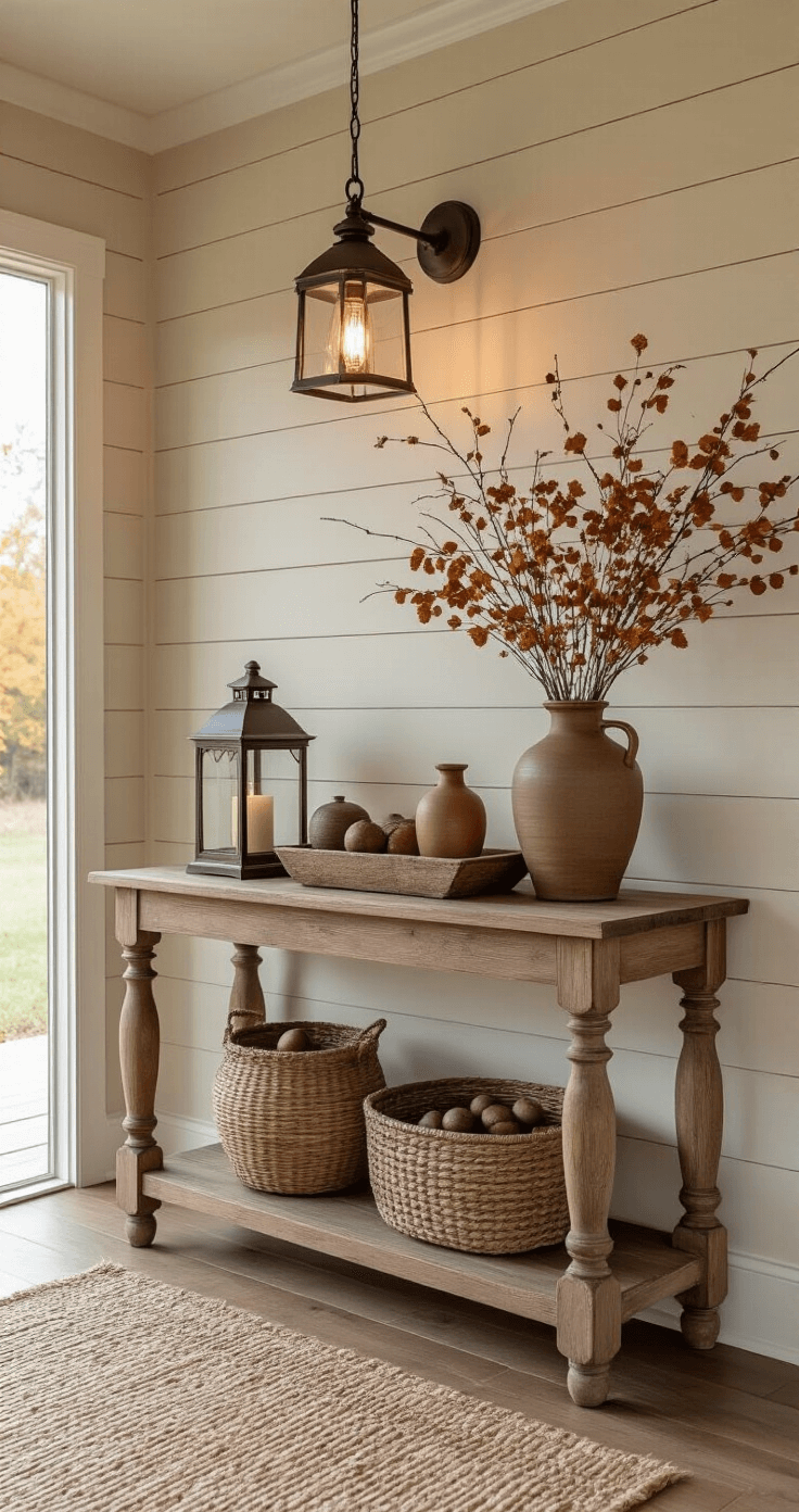 Cozy Fall Decor: Transform Your Home into an Autumn Haven Inviting late afternoon entryway featuring a vintage wooden console table against soft taupe shiplap walls, decorated with aged bronze lanterns, ceramic vessels with dried branches, and a rustic tray of seasonal accents, illuminated by Edison bulb pendant lighting and natural light from a doorway, showcasing earthy tones and layered decor elements like acorns, pumpkins, and brass candlesticks.