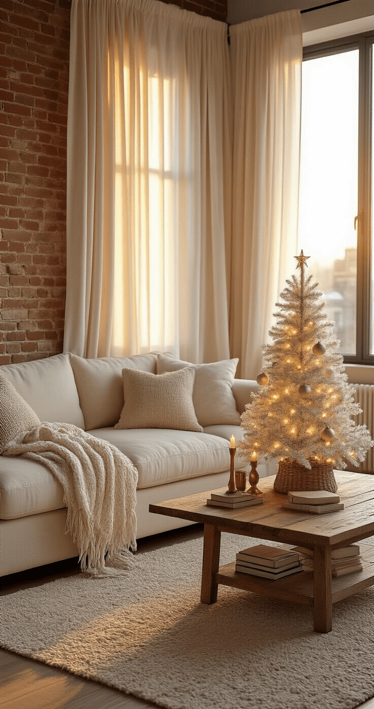 Festive Magic in Miniature: How to Style the Perfect Mini Christmas Tree Photorealistic cozy studio apartment living room at golden hour, featuring a cream linen sectional sofa, exposed brick walls, and a rustic wood coffee table with a mini Christmas tree adorned with glass baubles and fairy lights. Warm amber sunlight filters through sheer curtains, highlighting layered textures and a muted color palette.