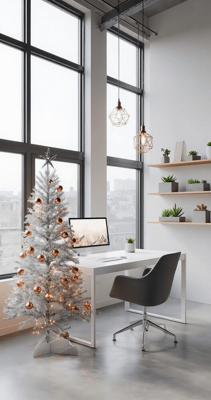 Festive Magic in Miniature: How to Style the Perfect Mini Christmas Tree A modern home office featuring floor-to-ceiling windows and polished concrete floors, illuminated by morning light. The space includes a white lacquered desk, a metallic silver mini Christmas tree with copper ornaments, an ergonomic charcoal chair, and floating shelves with succulents. The design showcases cool gray tones, warm copper accents, and industrial elements like exposed steel beams and pendant lighting.