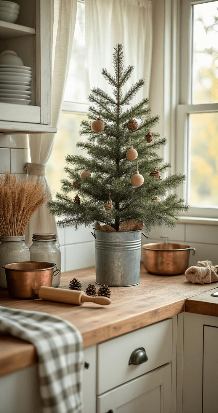 Festive Magic in Miniature: How to Style the Perfect Mini Christmas Tree A rustic farmhouse kitchen corner illuminated by soft morning light, featuring weathered wood countertops, a mini pine tree in a galvanized bucket, and decorative elements like mason jars with dried wheat, copper mixing bowls, and a vintage rolling pin, all set against distressed white cabinets and a checkered tea towel.