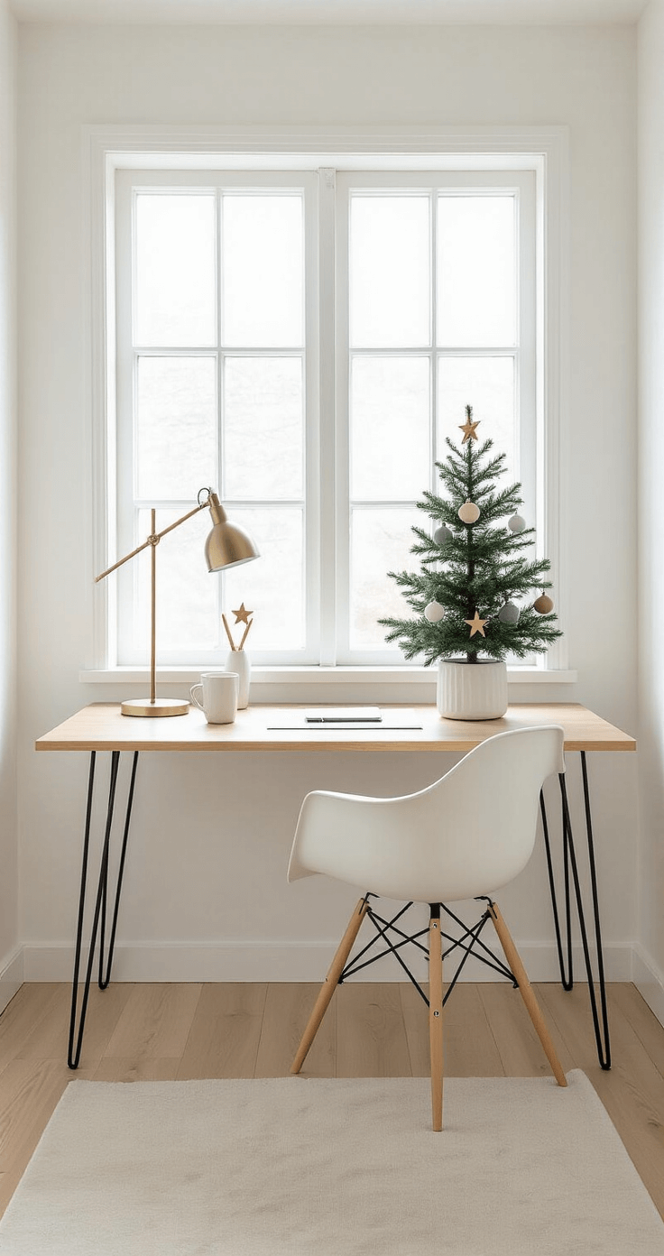 Festive Magic in Miniature: How to Style the Perfect Mini Christmas Tree A minimalist Scandinavian home office nook featuring white walls, light blonde wood floors, and a simple oak desk with hairpin legs, adorned with a natural green mini tree, brass desk lamp, white ceramic pencil holder, and a coffee mug, all illuminated by soft northern light.