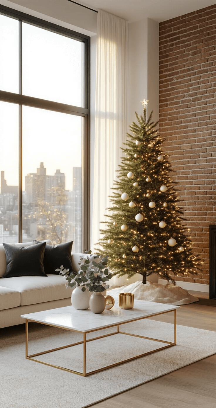 Tiny Trees, Big Holiday Magic: The Ultimate Guide to Small Christmas Tree Decor Spacious modern apartment living room with floor-to-ceiling windows, featuring a small artificial Christmas tree on a marble-topped console table, warm white lights, and minimalist decorations, surrounded by a cream sofa, glass coffee table, and potted eucalyptus, all bathed in golden hour sunlight.