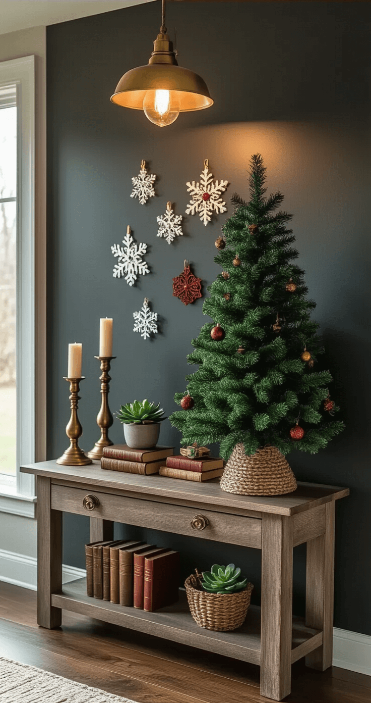 Tiny Trees, Big Holiday Magic: The Ultimate Guide to Small Christmas Tree Decor Dramatic entryway console with a dark green Christmas tree against a charcoal gray wall, styled with DIY ornaments and warm lighting, highlighting textures and colors in a moody atmosphere.