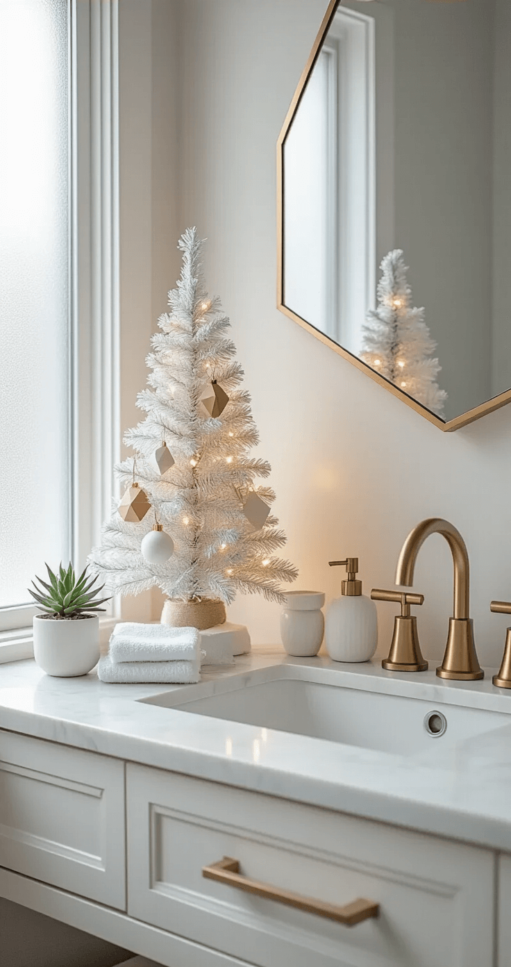 Tiny Trees, Big Holiday Magic: The Ultimate Guide to Small Christmas Tree Decor A minimalist bathroom vanity adorned with a tiny white Christmas tree features wooden ornaments and warm micro lights, set against a backdrop of white marble, brass fixtures, and geometric mirror, all bathed in soft morning light from a frosted glass window.