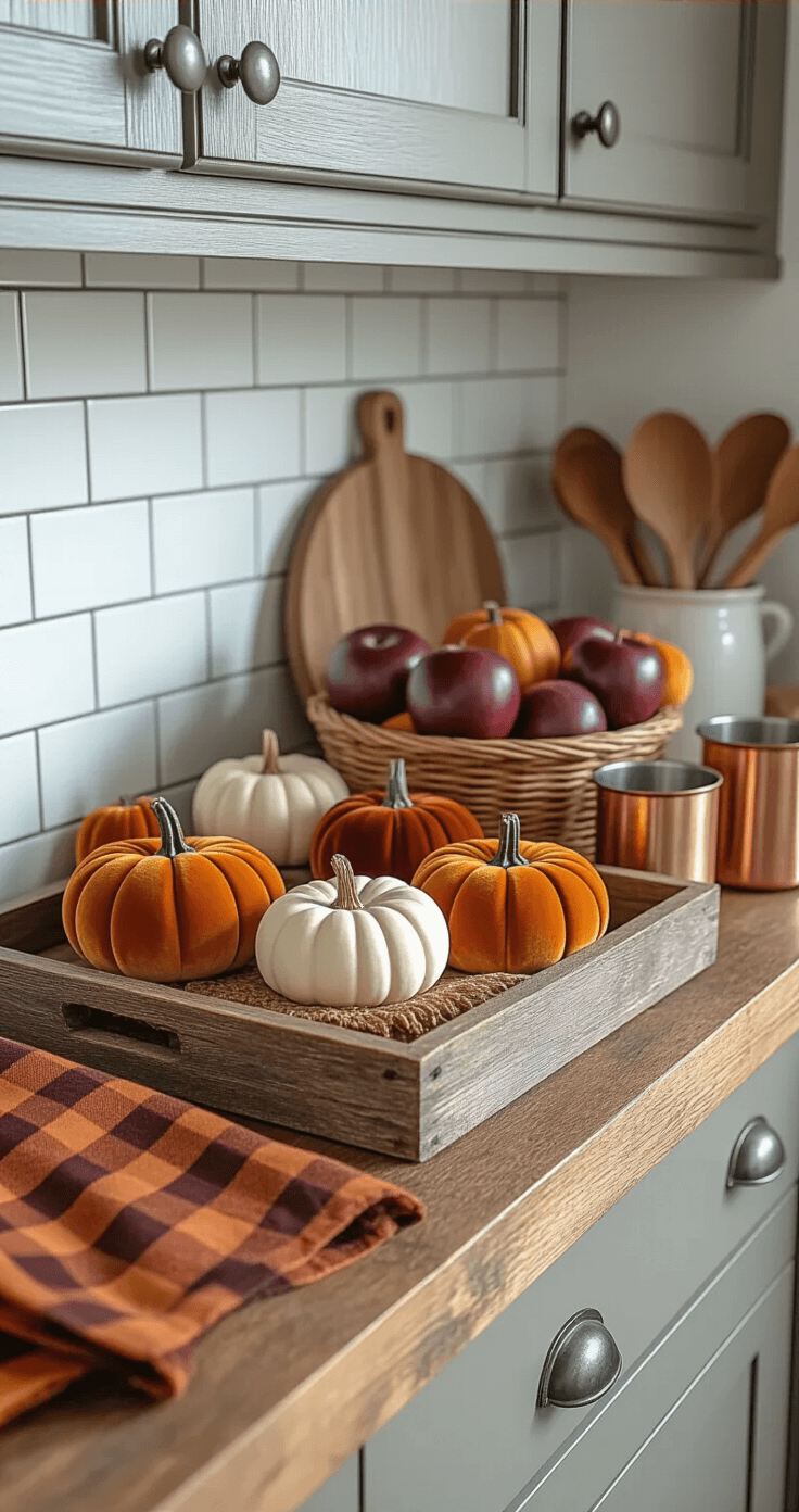 Cozy Fall Kitchen Decor: Transform Your Space with Warmth and Style Close-up image of a kitchen counter featuring a rustic wooden tray with velvet pumpkins in muted mustard and cream, alongside a woven rattan basket filled with burgundy apples and mini white ceramic pumpkins. A white subway tile backsplash and burnt orange buffalo check dish towels add to the autumnal ambiance, illuminated by soft morning light.