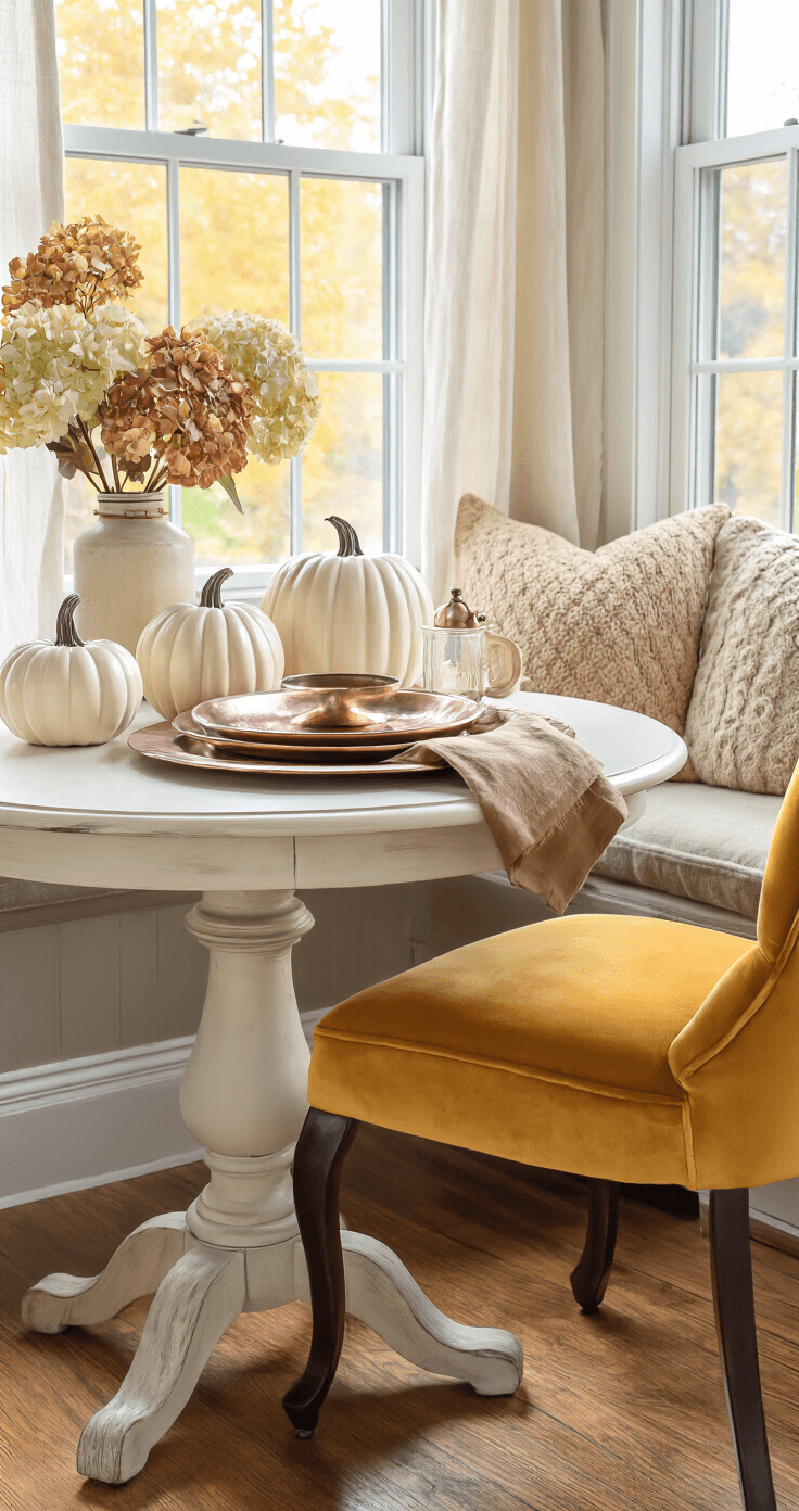 Cozy Fall Kitchen Decor: Transform Your Space with Warmth and Style Cozy breakfast nook with a small round pedestal table set for fall, featuring cream-colored ceramic pumpkins, a deep mustard yellow plush velvet chair, copper charger plates, and warm brown linen napkins, illuminated by soft morning light through sheer curtains, with dried hydrangeas in a mason jar vase and a vintage brass lantern for ambiance.